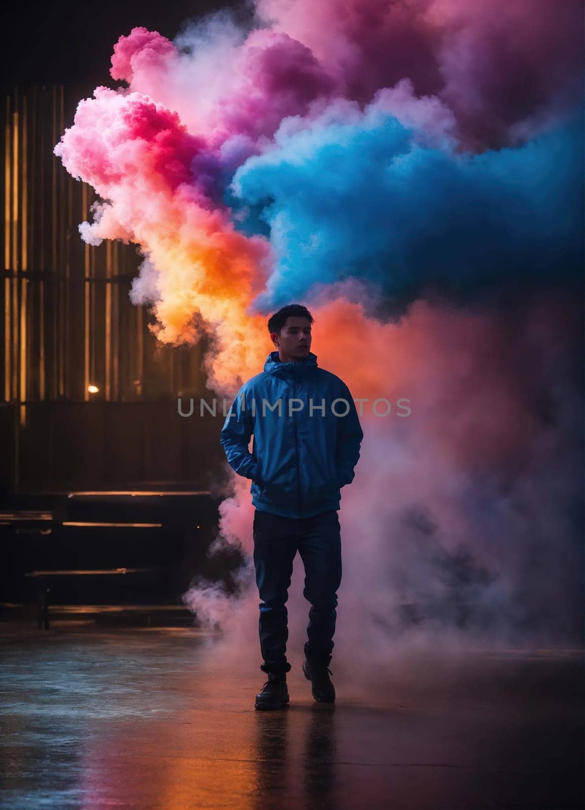 Beautiful young man with colorfull hair in colorful smoke. ai generative.