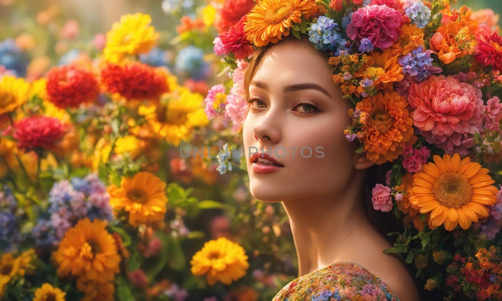 Portrait of beautiful woman with flower wreath on her head. ai generative.