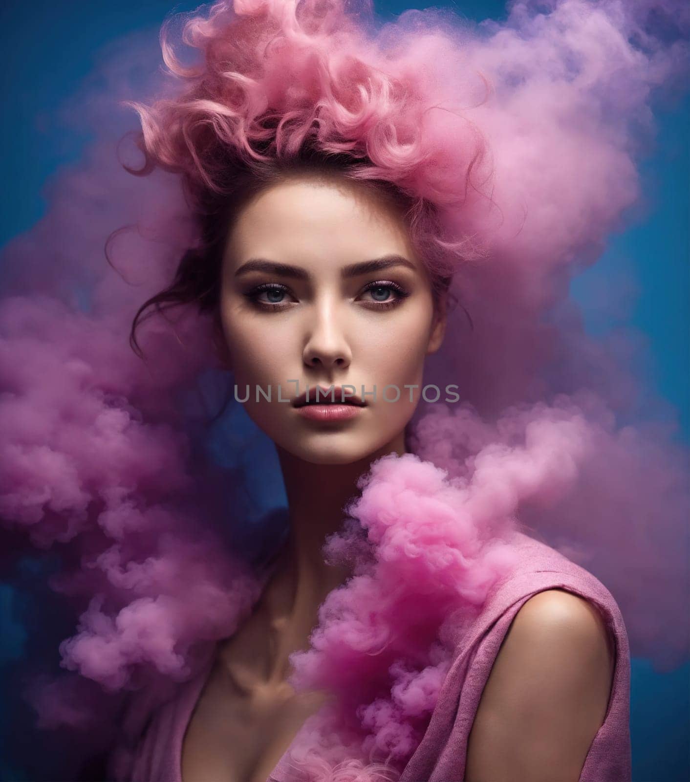 Portrait of a beautiful young woman with pink hair and smoke clouds. ai generative.