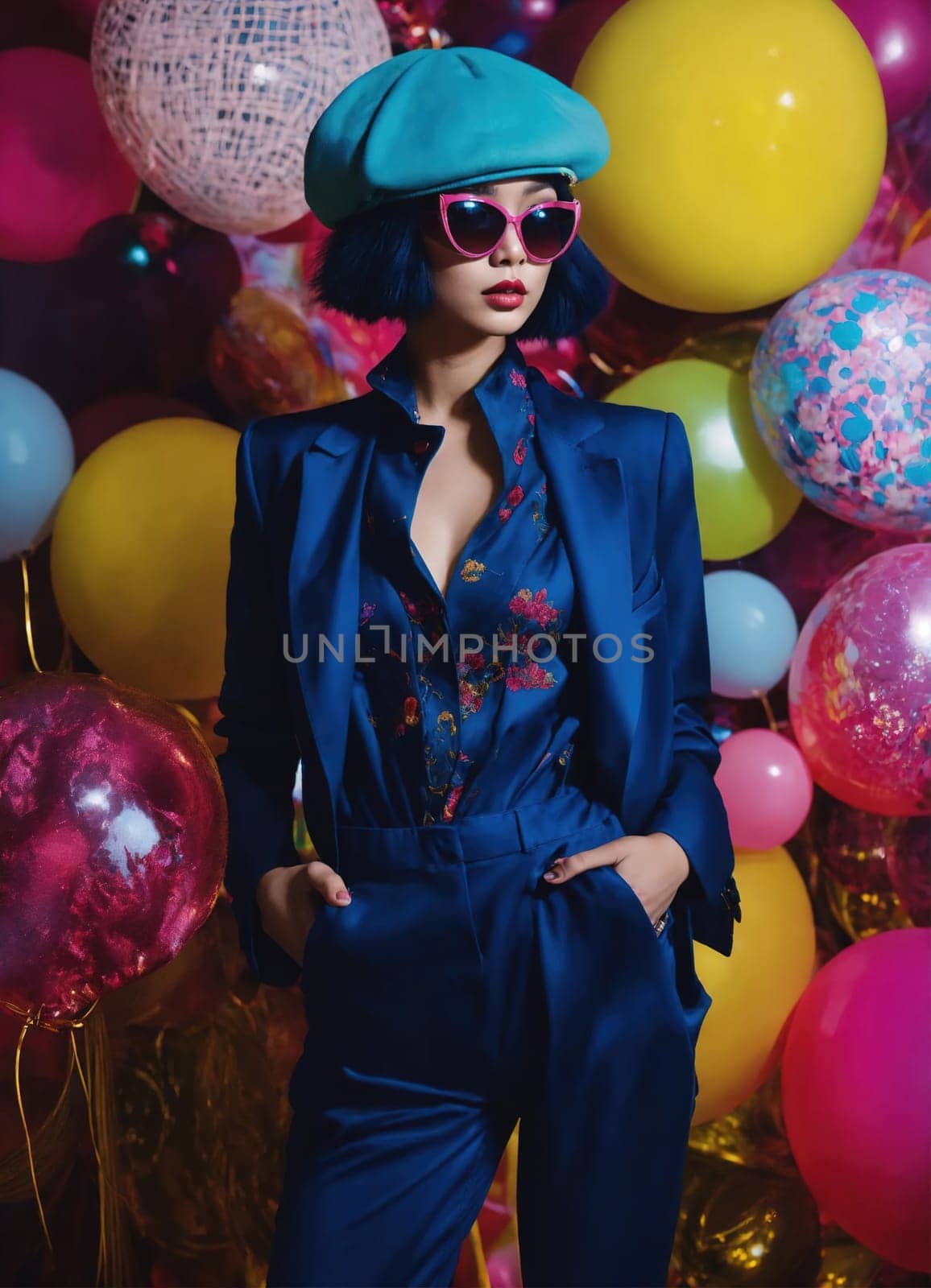 Fashion portrait of young beautiful asian woman with short hairstyle and sunglasses in a stylish dress. ai generative.