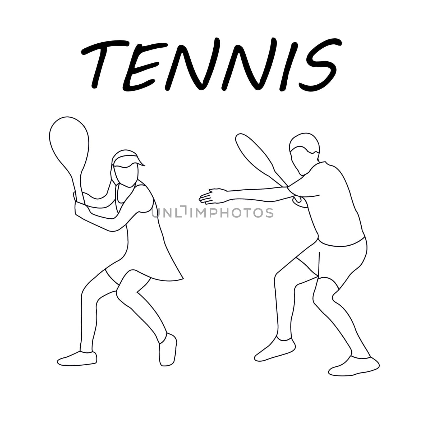 Tennis player and woman tennis player. Outline drawing. Coloring book for children. Sports concept. Vector image.