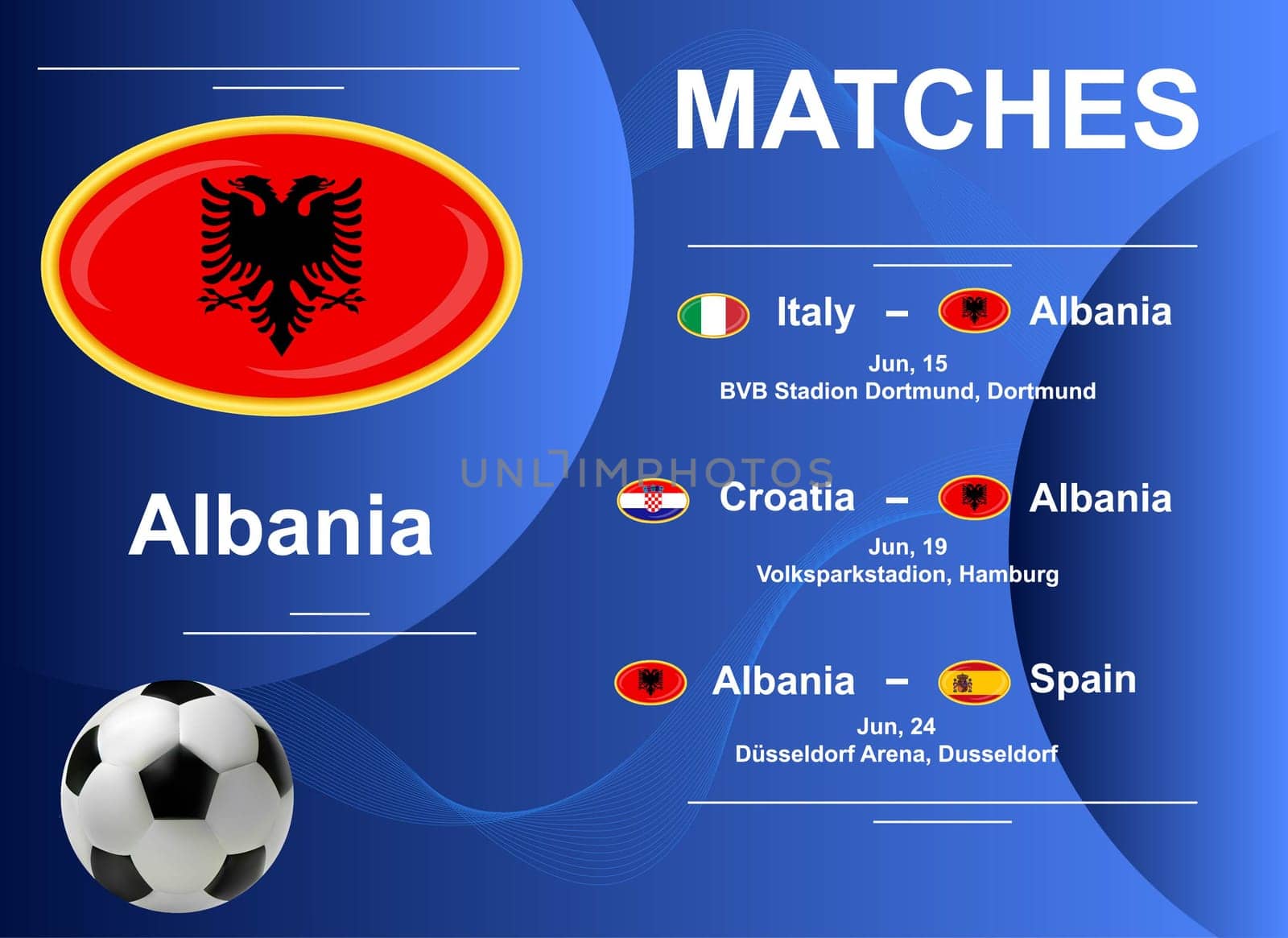Schedule of matches of the Albanian national team at the final stage of the European Football Championship 2024. Vector image.