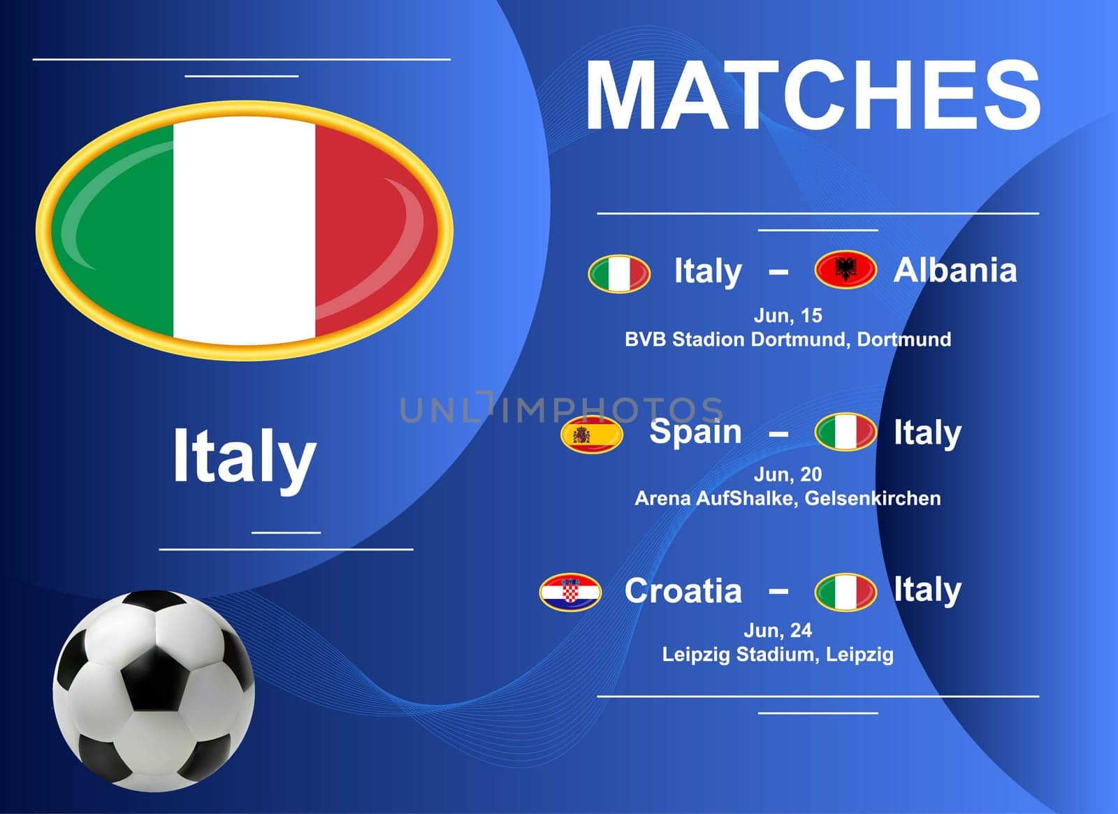 Schedule of matches of the Italian national team at the final stage of the European Football Championship 2024. Vector image.