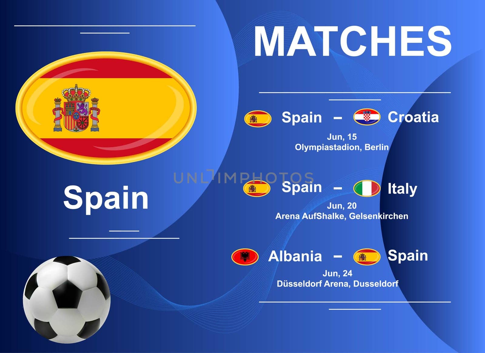 Schedule of matches of the Spanish national team at the final stage of the European Football Championship 2024. Vector image.