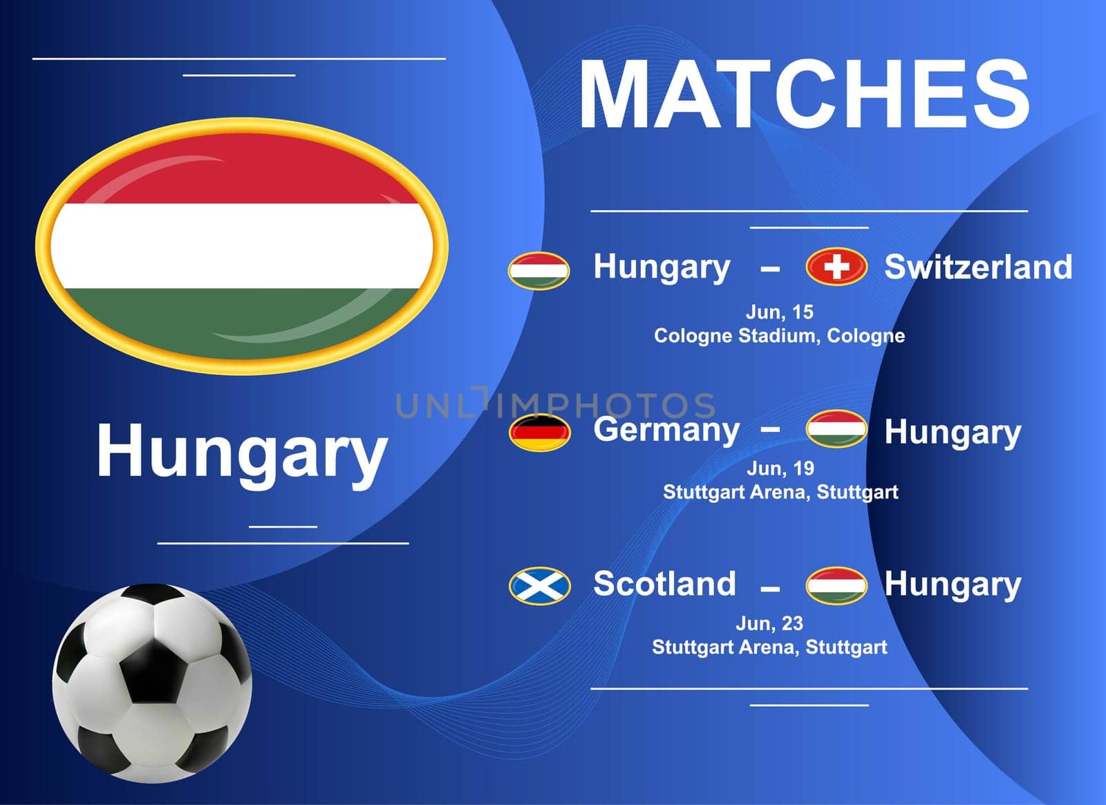 Schedule of matches of the Hungarian national team at the final stage of the European Football Championship 2024. Vector image.