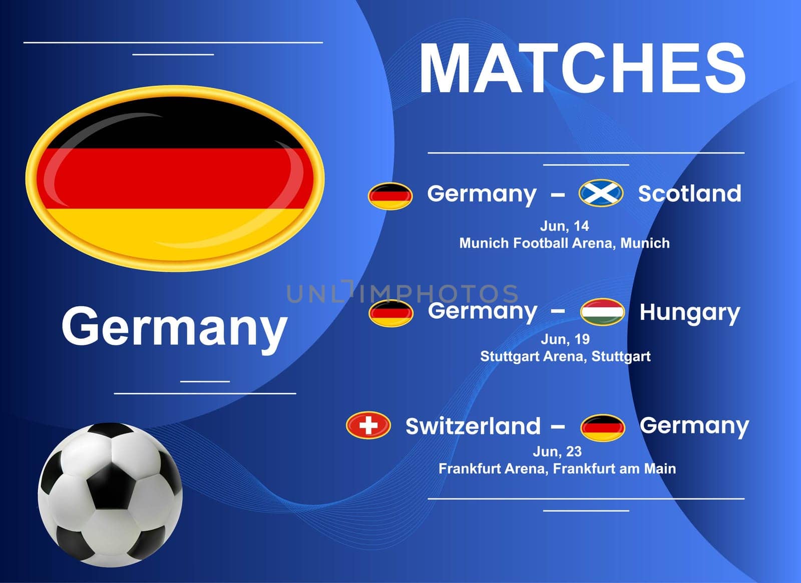Schedule of matches of the German national team at the final stage of the European Football Championship 2024. Vector image.