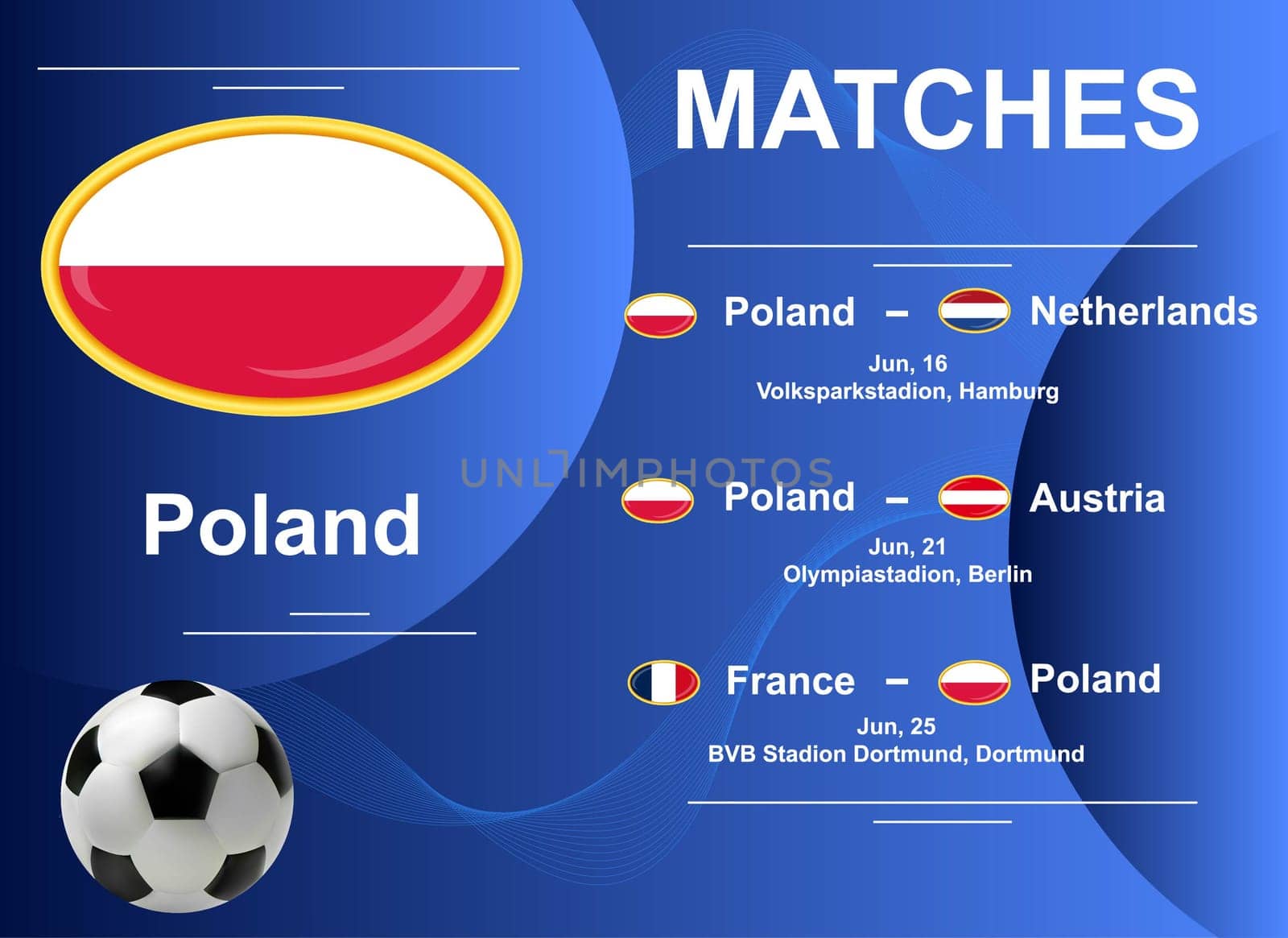 Schedule of matches of the Polish national team at the final stage of the European Football Championship 2024. Vector image.