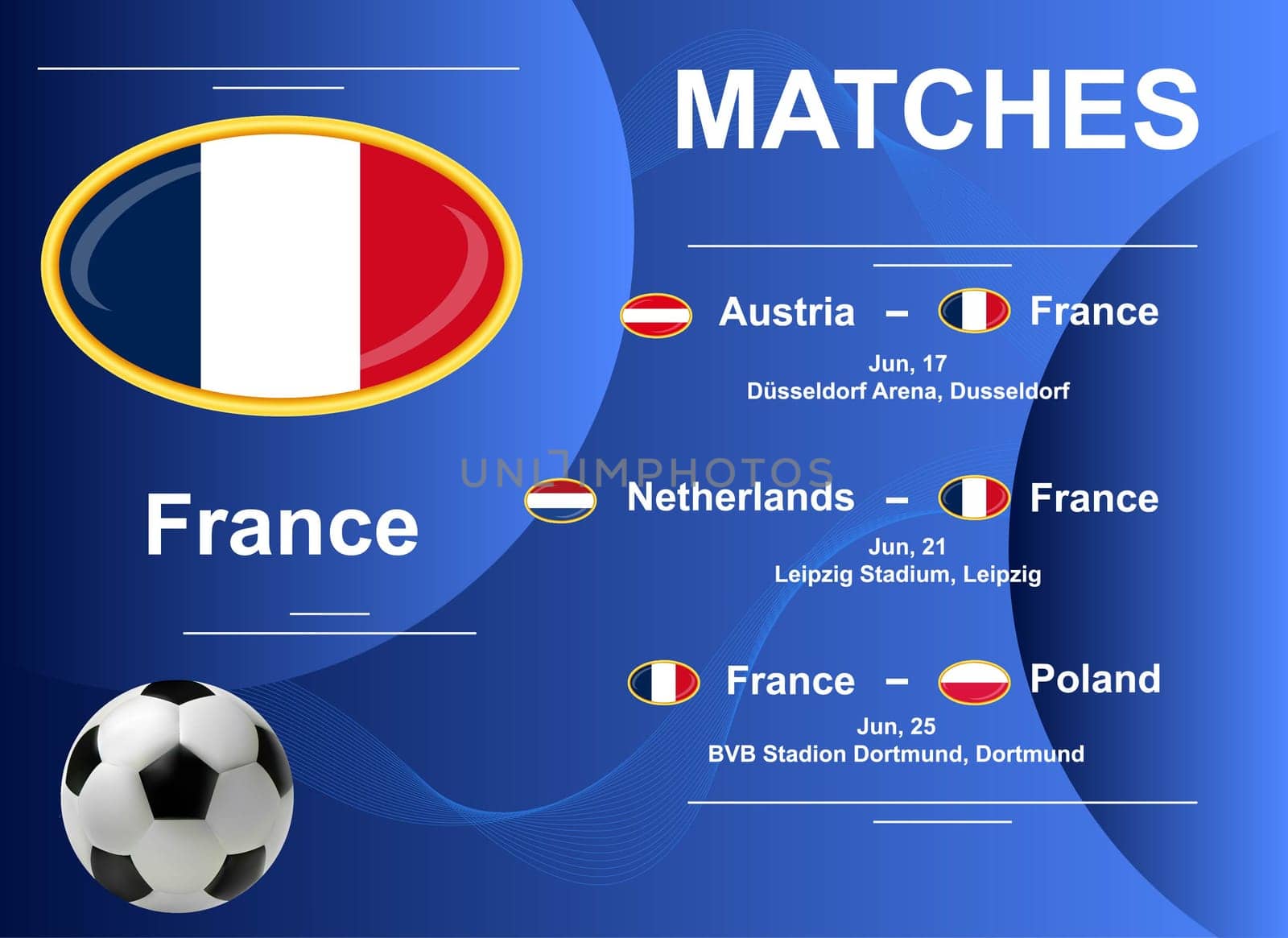 Schedule of matches of the French national team at the final stage of the European Football Championship 2024. Vector image.