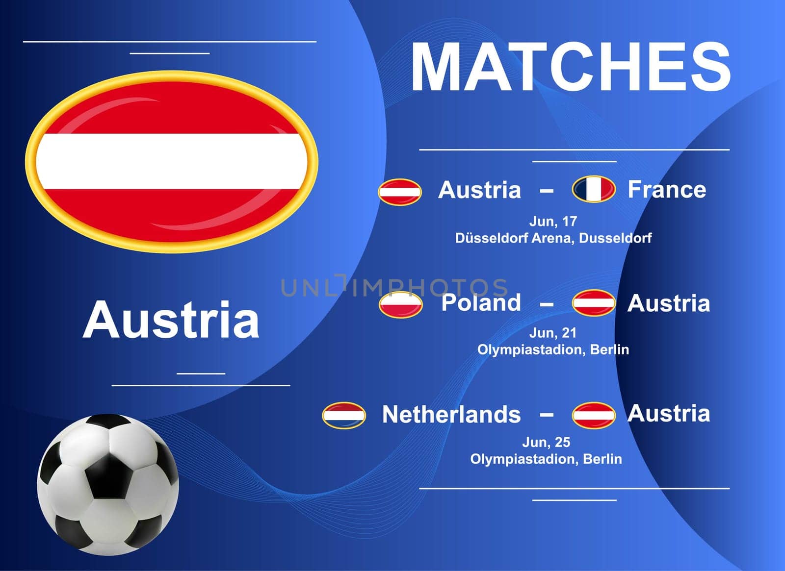 Schedule of matches of the Austrian national team at the final stage of the European Football Championship 2024. Vector image.