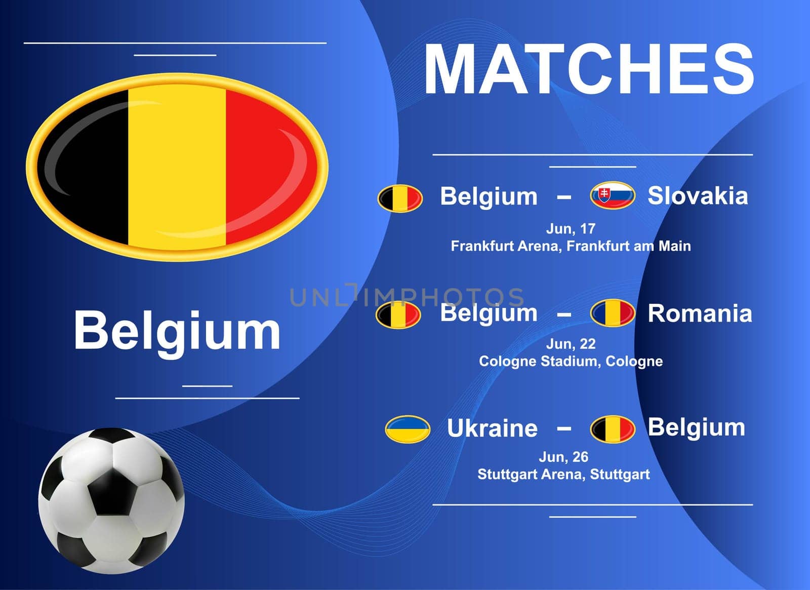 Schedule of matches of the Belgium national team at the final stage of the European Football Championship 2024. Vector image.