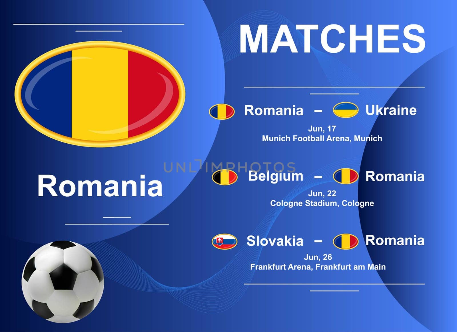 Schedule of matches of the Romanian national team at the final stage of the European Football Championship 2024. Vector image.