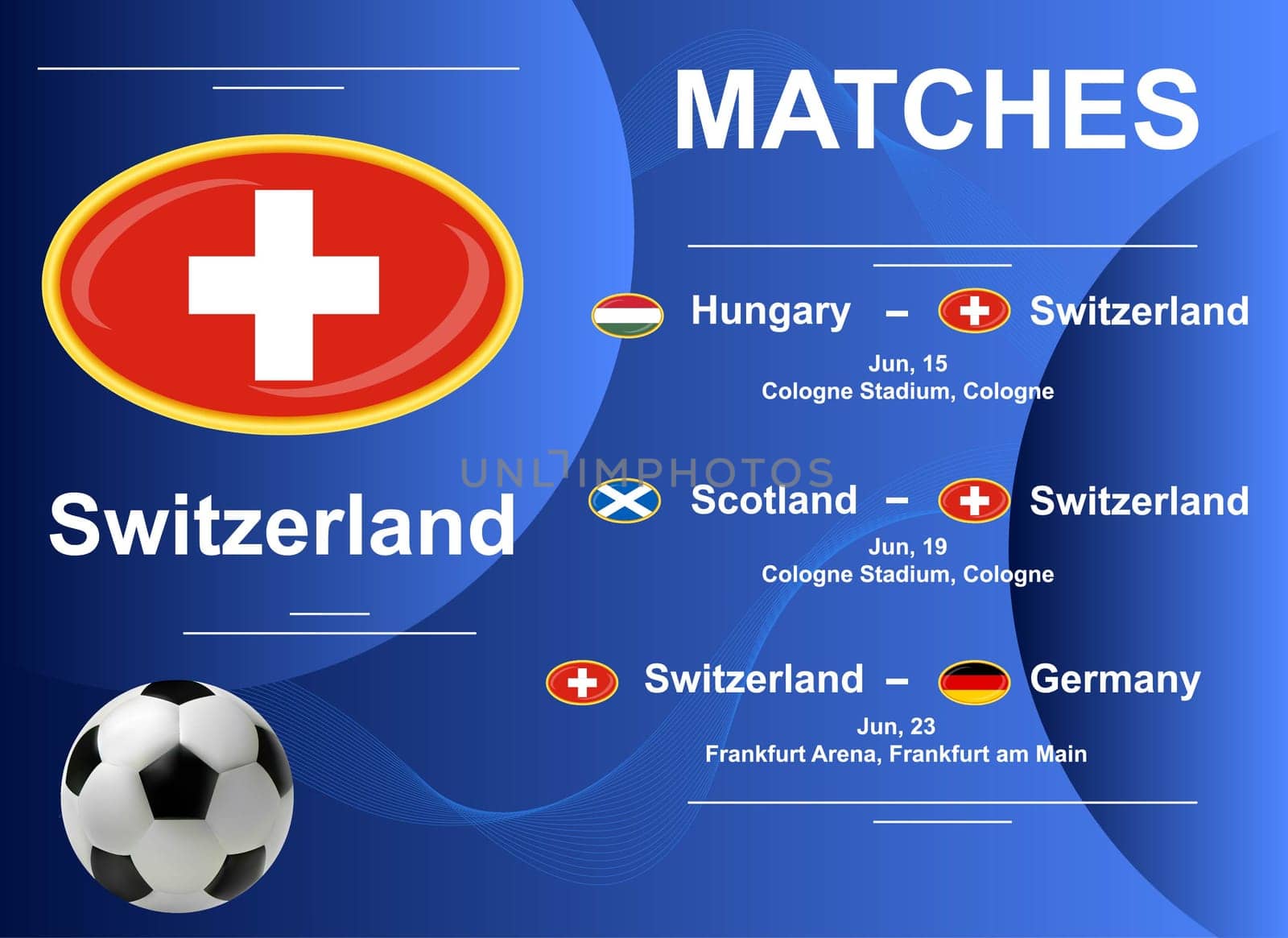 Schedule of matches of the Swiss national team at the final stage of the European Football Championship 2024. Vector image.