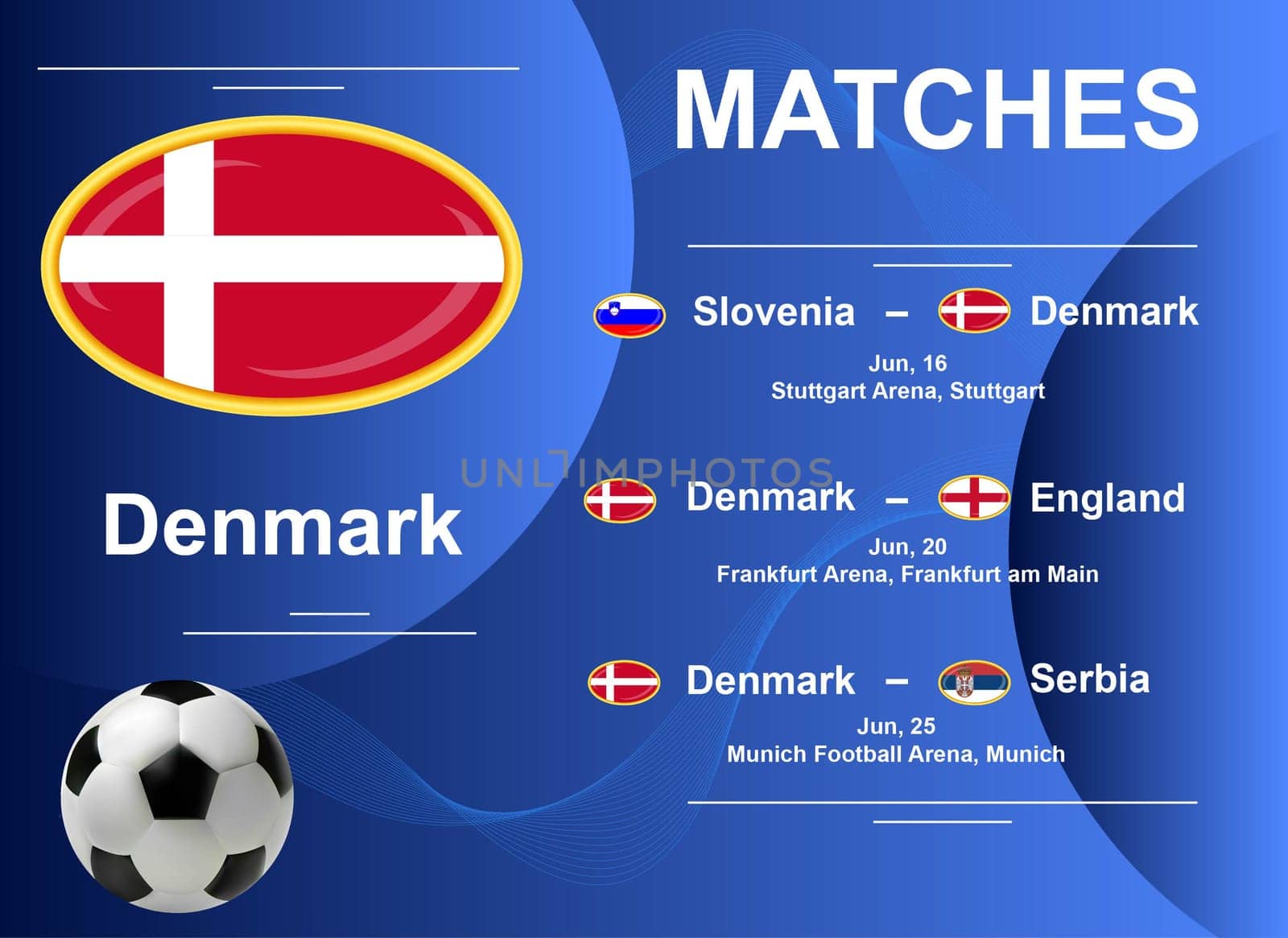 Schedule of matches of the Danish national team at the final stage of the European Football Championship 2024. Vector image.