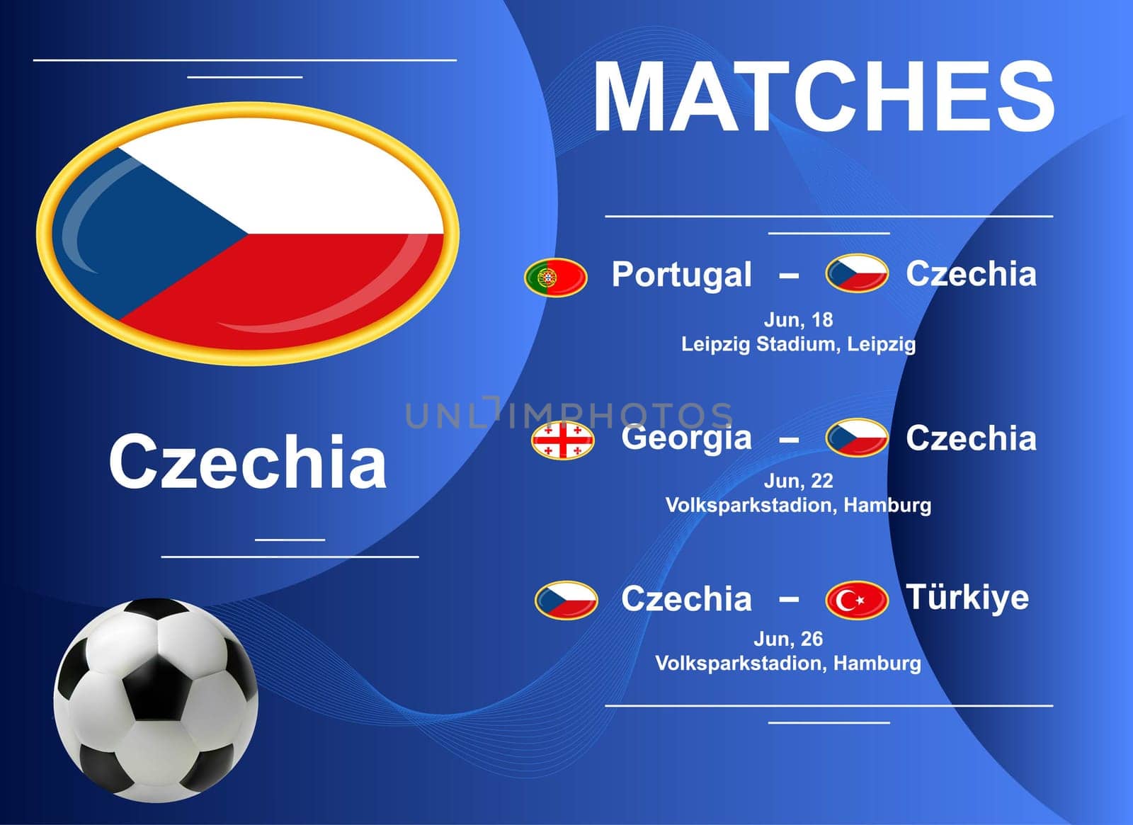Schedule of matches of the Czech national team at the final stage of the European Football Championship 2024. Vector image.