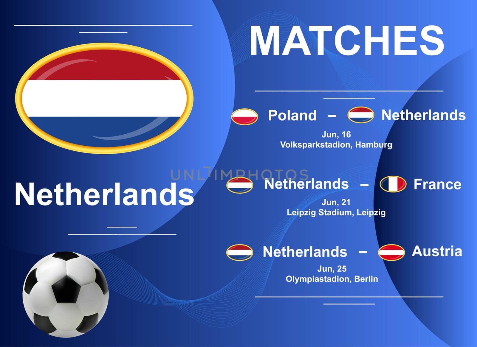 Schedule of matches of the Netherlands national team at the final stage of the European Football Championship 2024. Vector image.