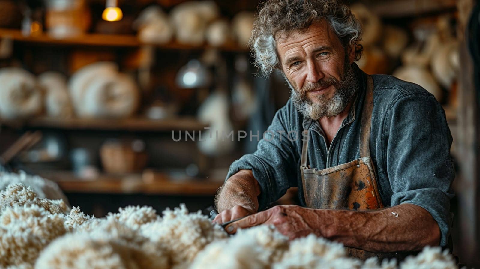 Dedicated farmer skillfully shearing sheep in workshop surrounded by wool, capturing essence of rural life.