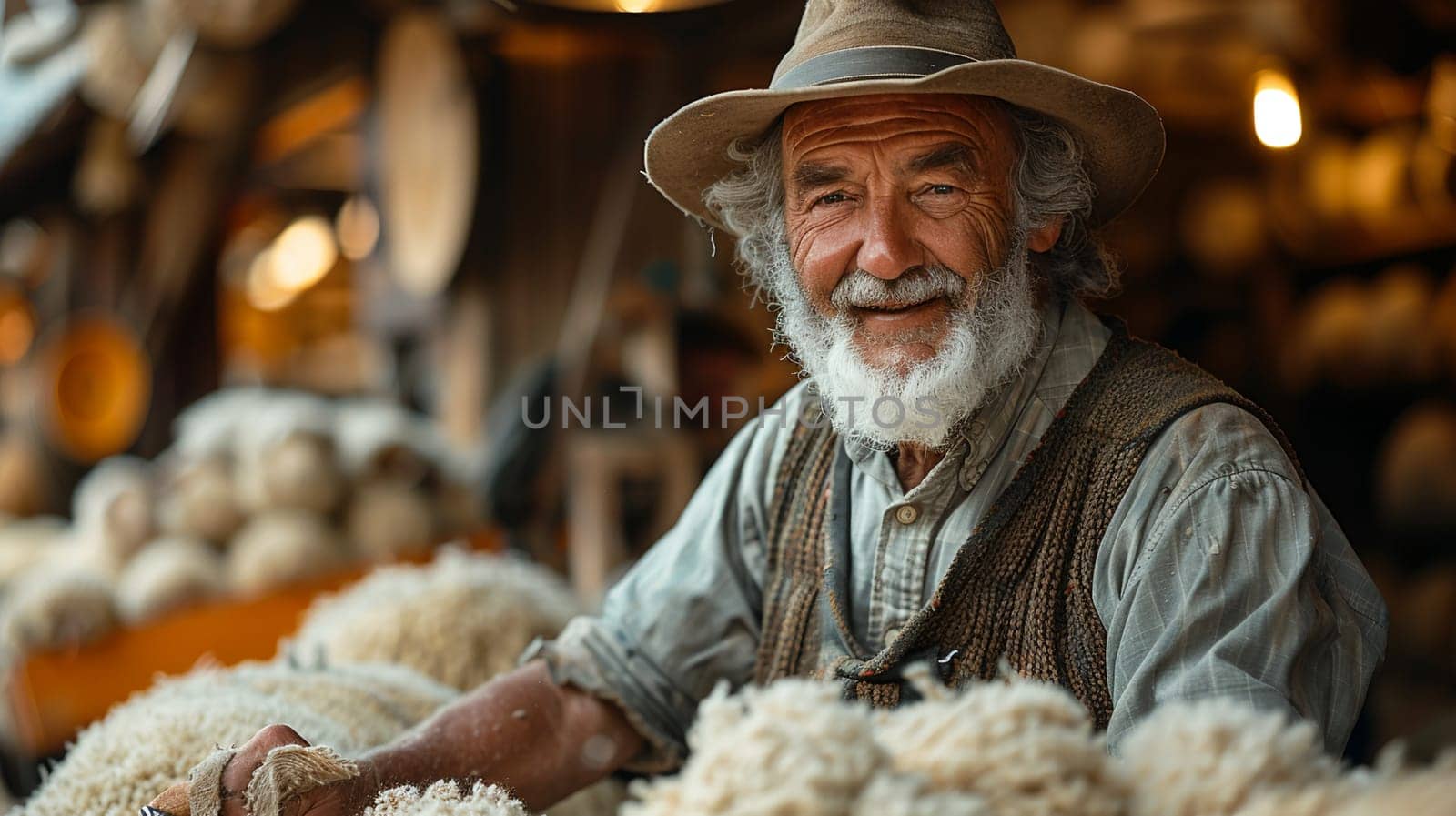 Smiling elderly farmer shearing wool off sheep with scissors in sunny, rustic farm setting, showcasing rural life and livestock care.
