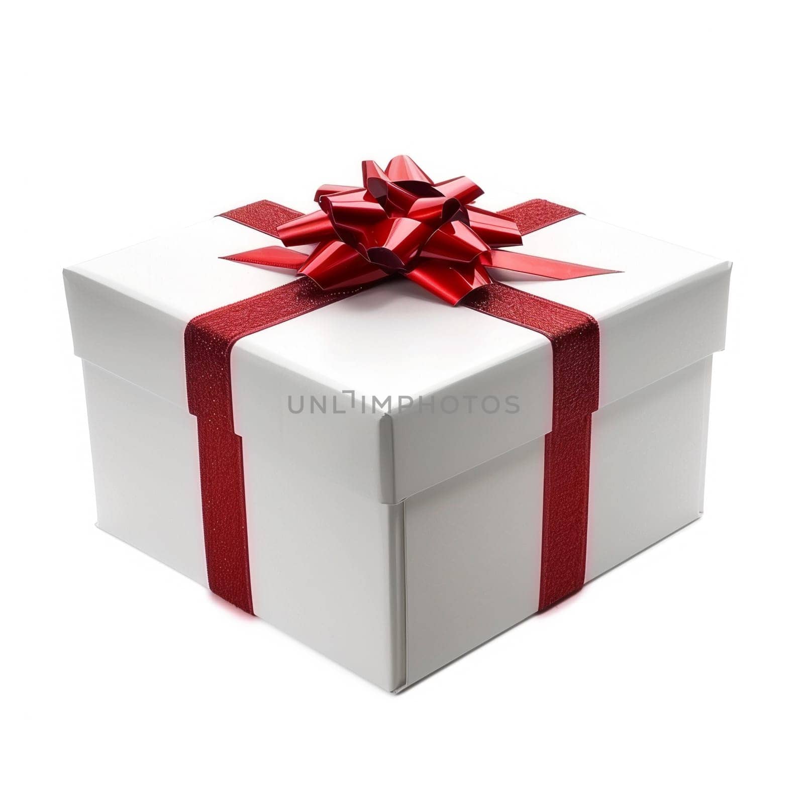 Close-up of an elegant white gift box adorned with shiny red ribbon, isolated on white background. Perfect for festive and special occasions.