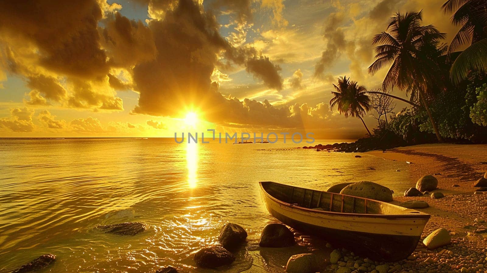 Stunning tropical sunset with golden sky, tranquil beach, boat, palms, and stones evoking peace and paradise.