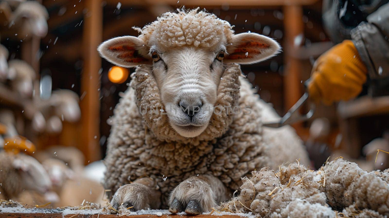 Close-up of a focused farmer shearing wool from a sheep amidst snowflakes in a barn setting, depicting rural life and winter farming activities.