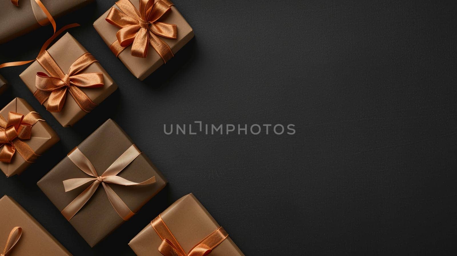 Top view of multiple brown gift boxes with shiny golden ribbons on dark backdrop with space for text or design.