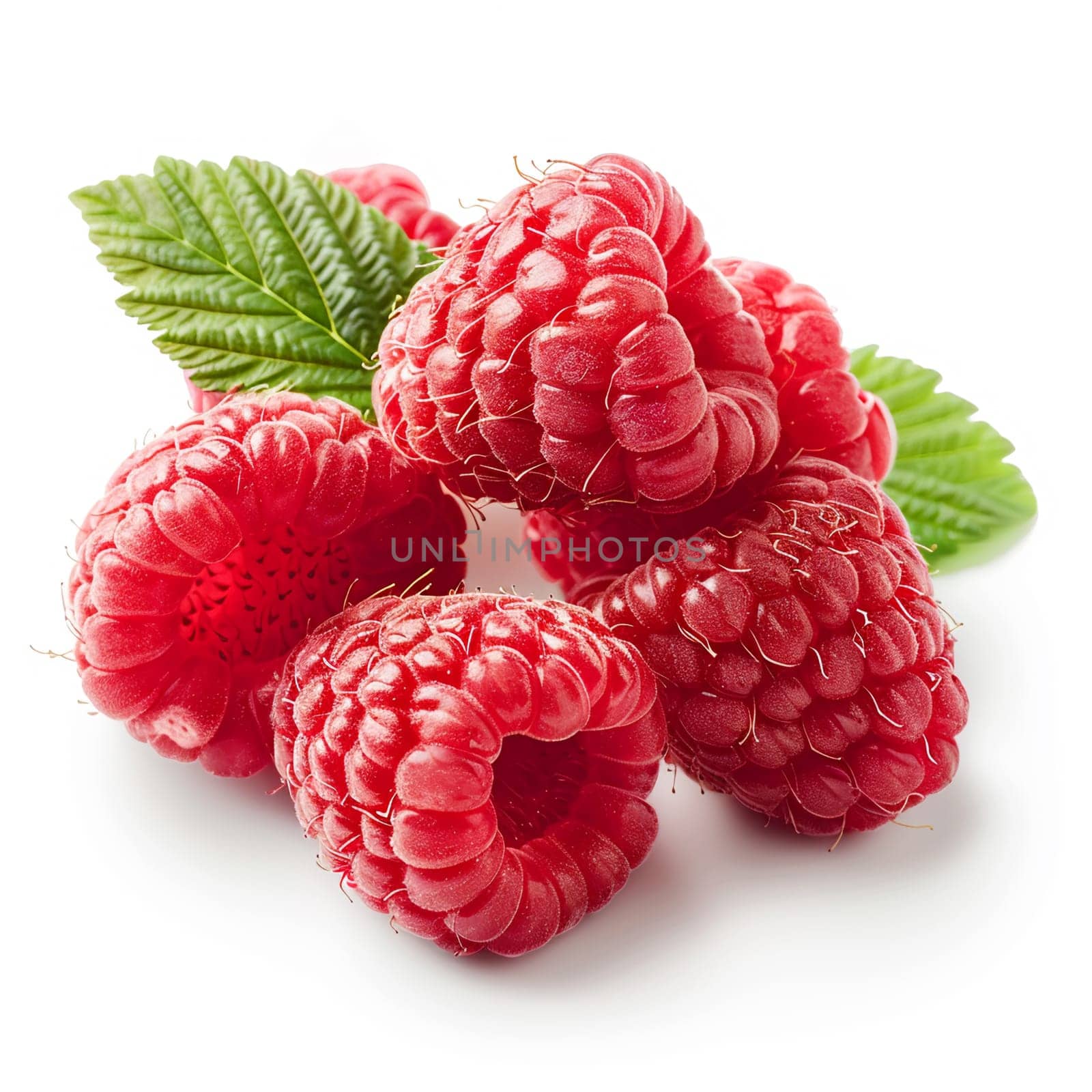 Ultra sharp image of vibrant raspberries with green leaves isolated on white, perfect for healthy lifestyle and diet concepts.