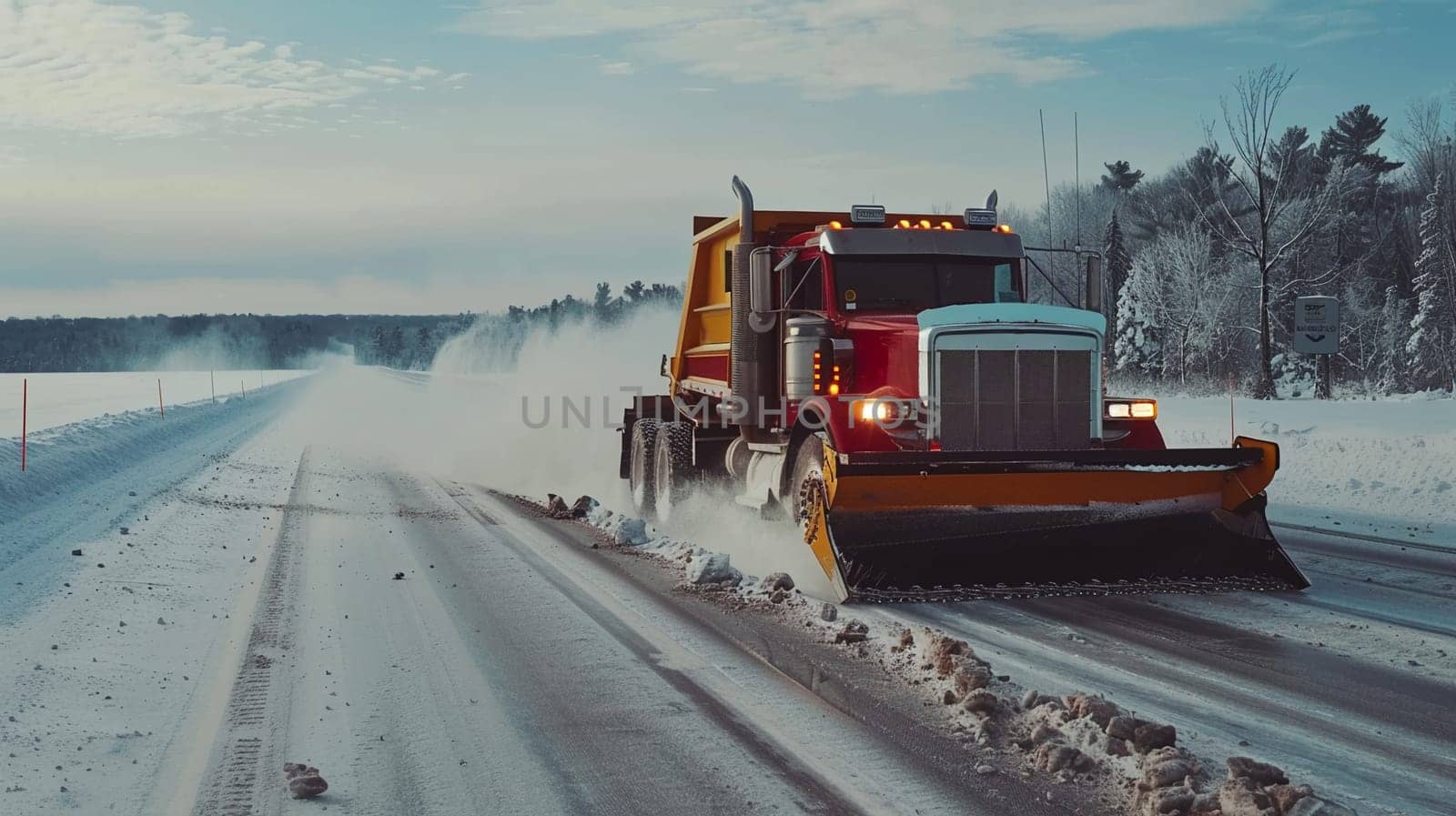 Industrial snowplow truck clearing snow on highway with powerful movement in cold, snowy winter setting in North America.