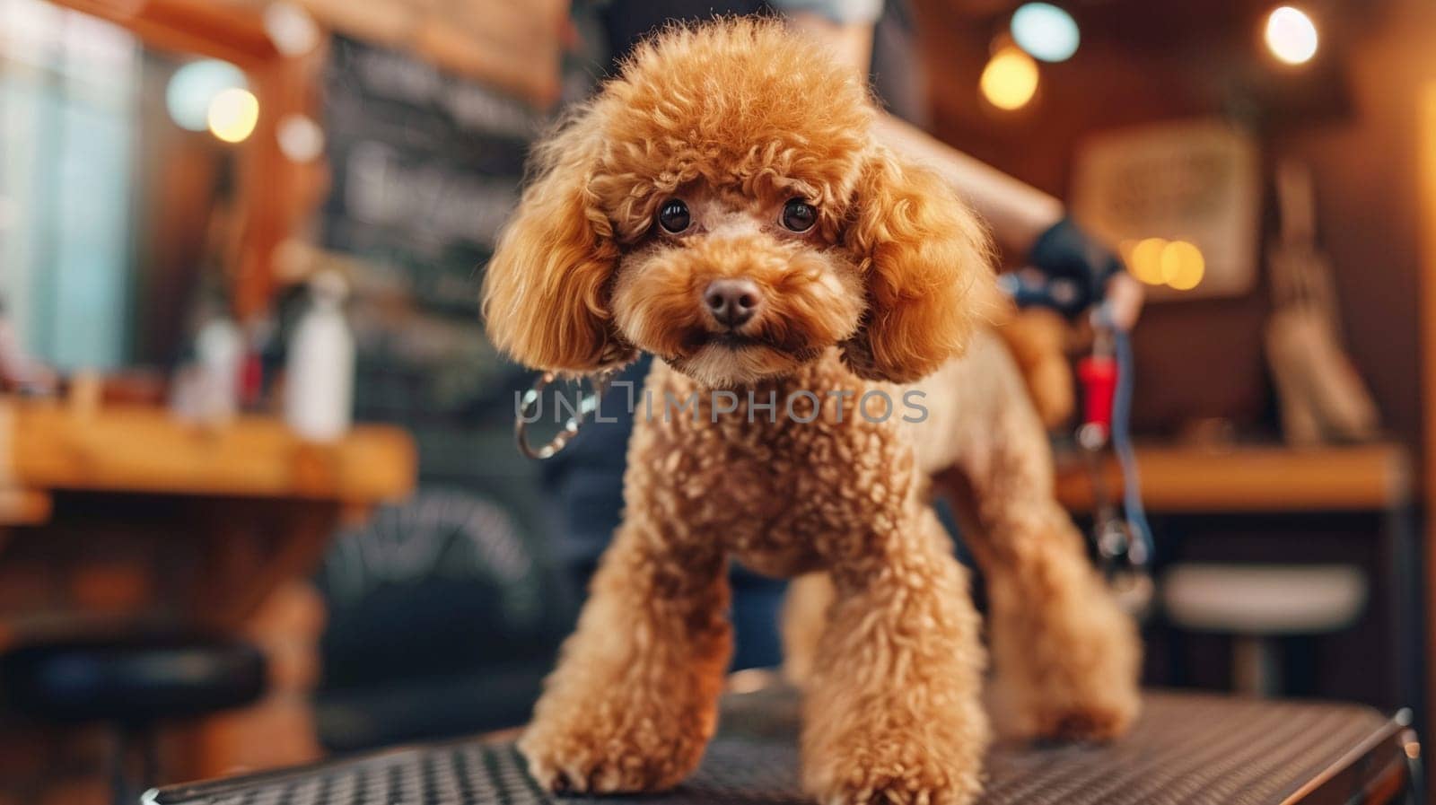 Cute poodle stands on table at dog salon, patiently waiting for grooming. Professional care captured in ultra-sharp focus showcasing pet beauty.