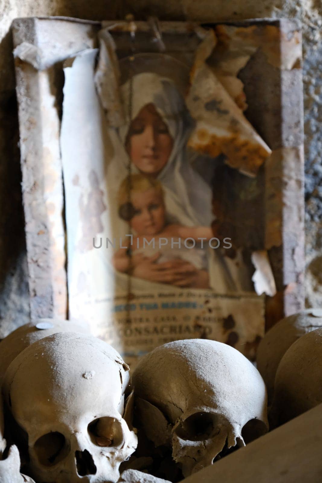 Skull and bones in ancient ossuary, Naples