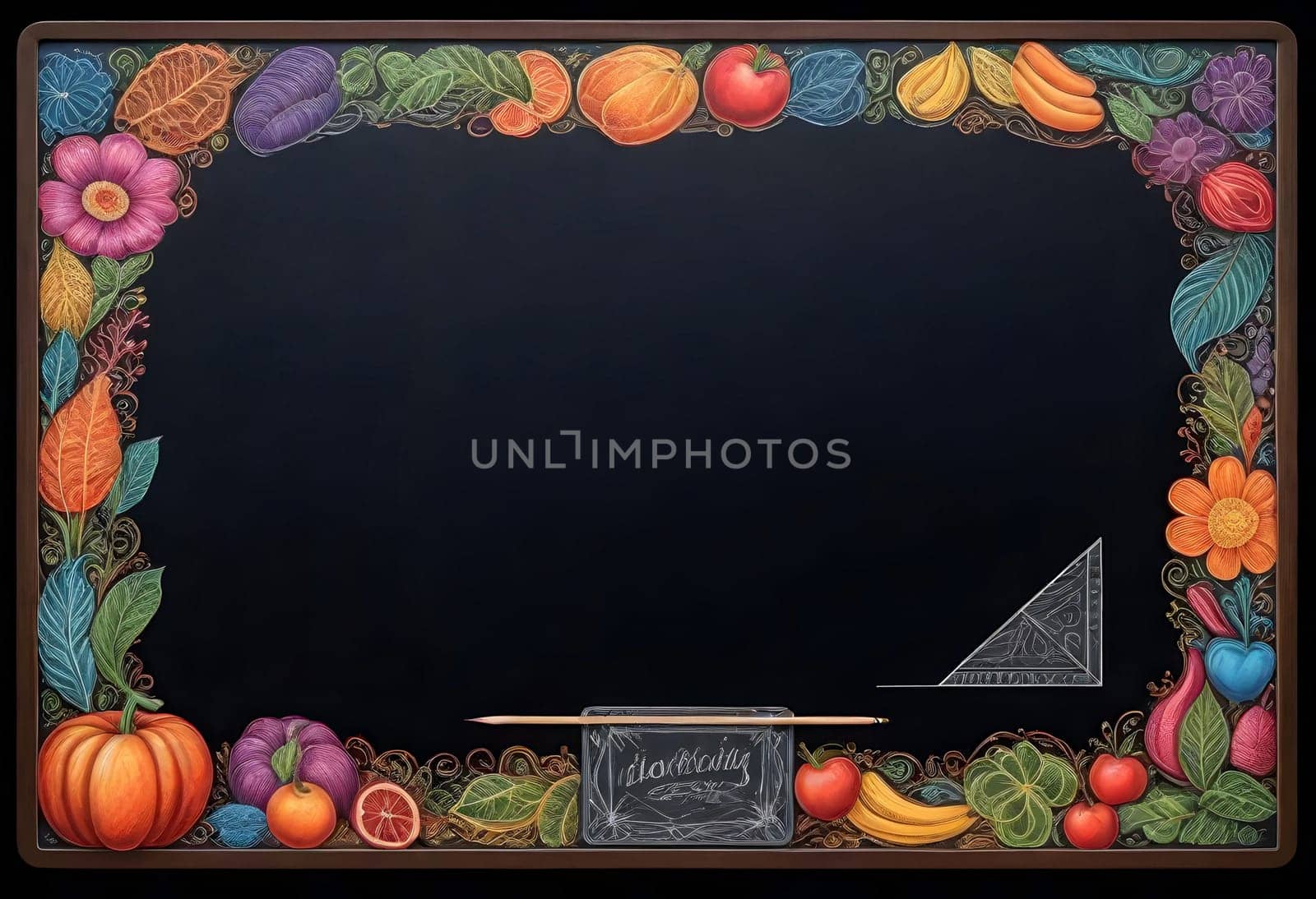AI generated of a blackboard with a colorful frame and fruit and vegetables