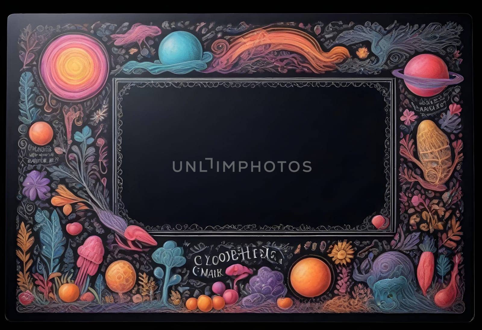 AI generated of a black frame with colorful objects on it