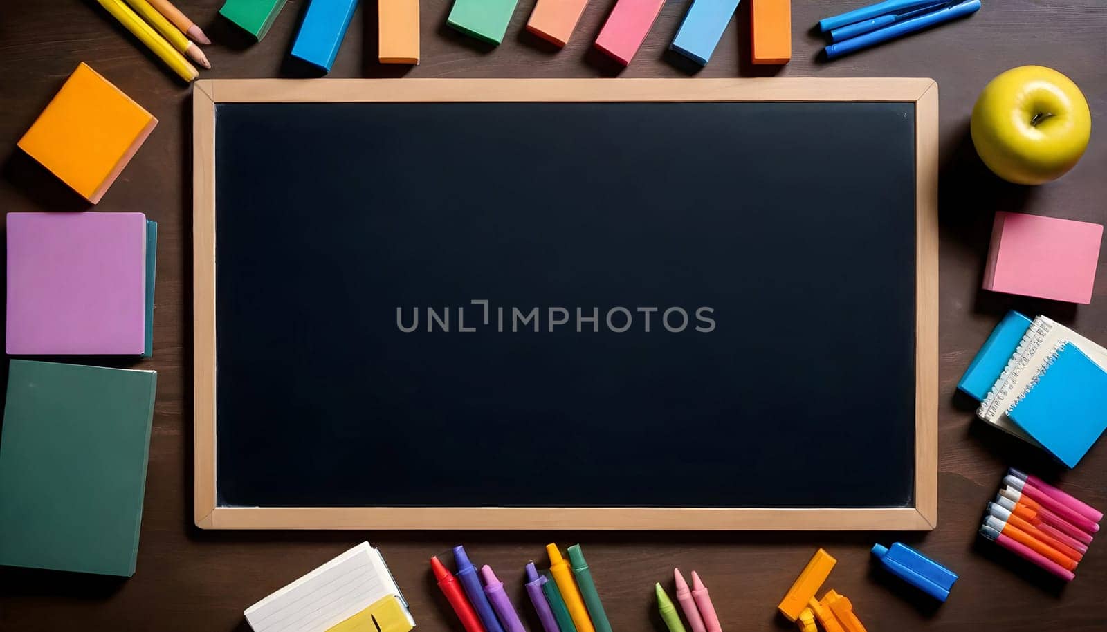 AI generated of blackboard with school supplies on a wooden table