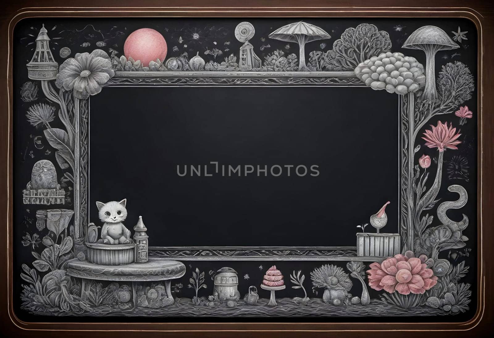 AI generated of a blackboard with a picture of a cat and mushrooms