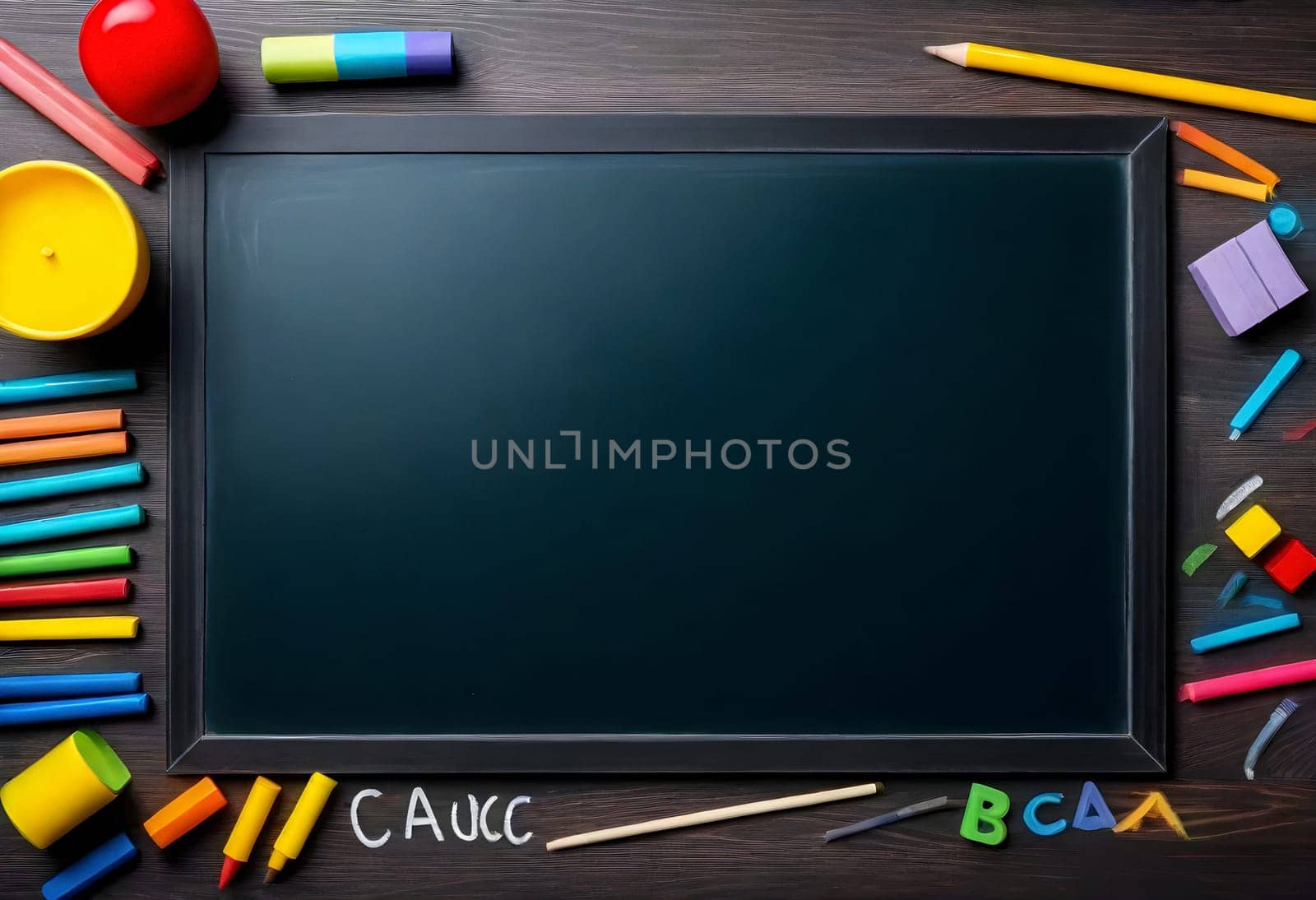 AI generated of blackboard with colorful crayons and mark