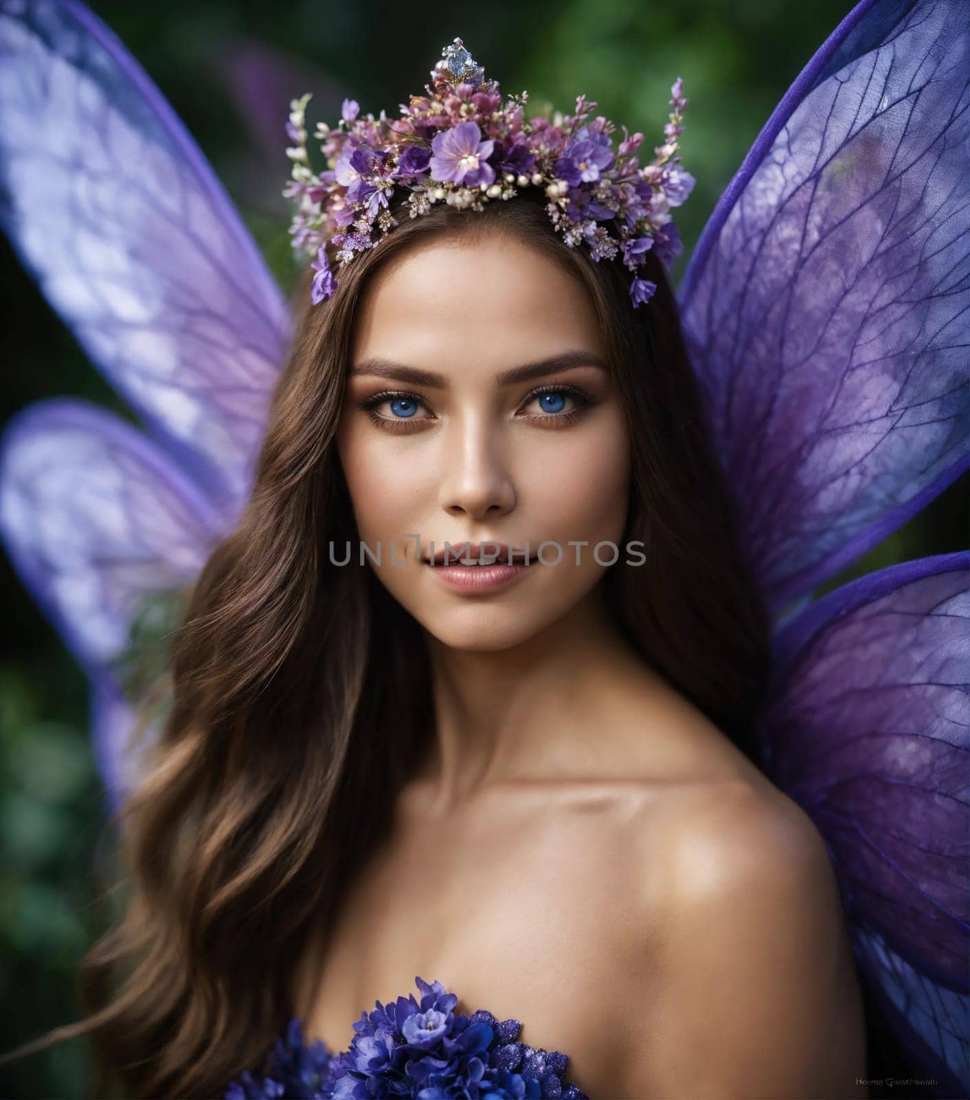 Beautiful young woman in a purple dress with make up and flowers. Beauty, fashion. ai generative.