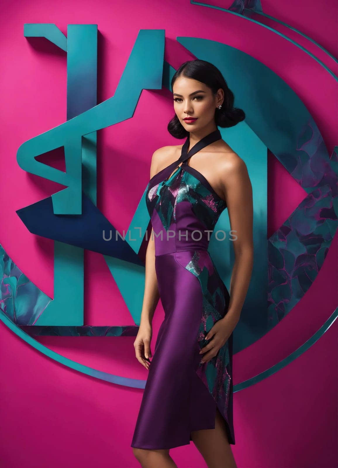 fashion photo of beautiful girl on the blue, green and purple background. ai generative.