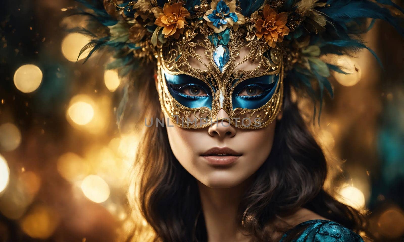 Beautiful young woman in a Venetian mask at the masquerade. ai generative.