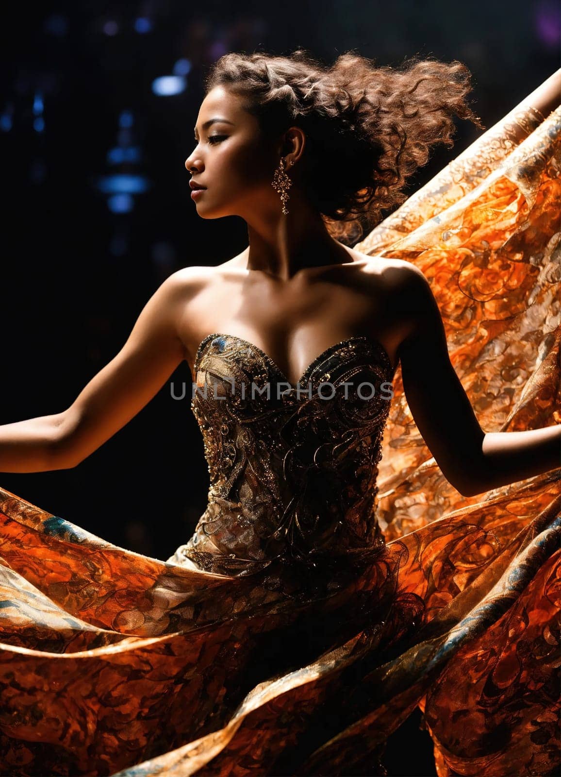 Beautiful young woman in a wreath of flowers dancing flamenco. ai generative.