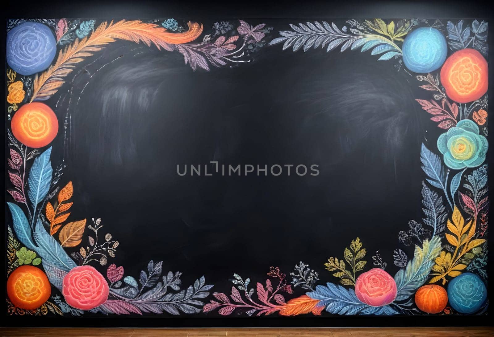 AI generated of a blackboard with colorful flowers and leaves