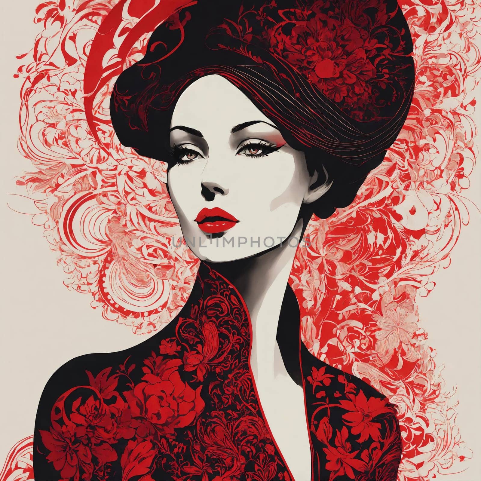 Fashion art portrait of a beautiful woman in a red dress. ai generative.