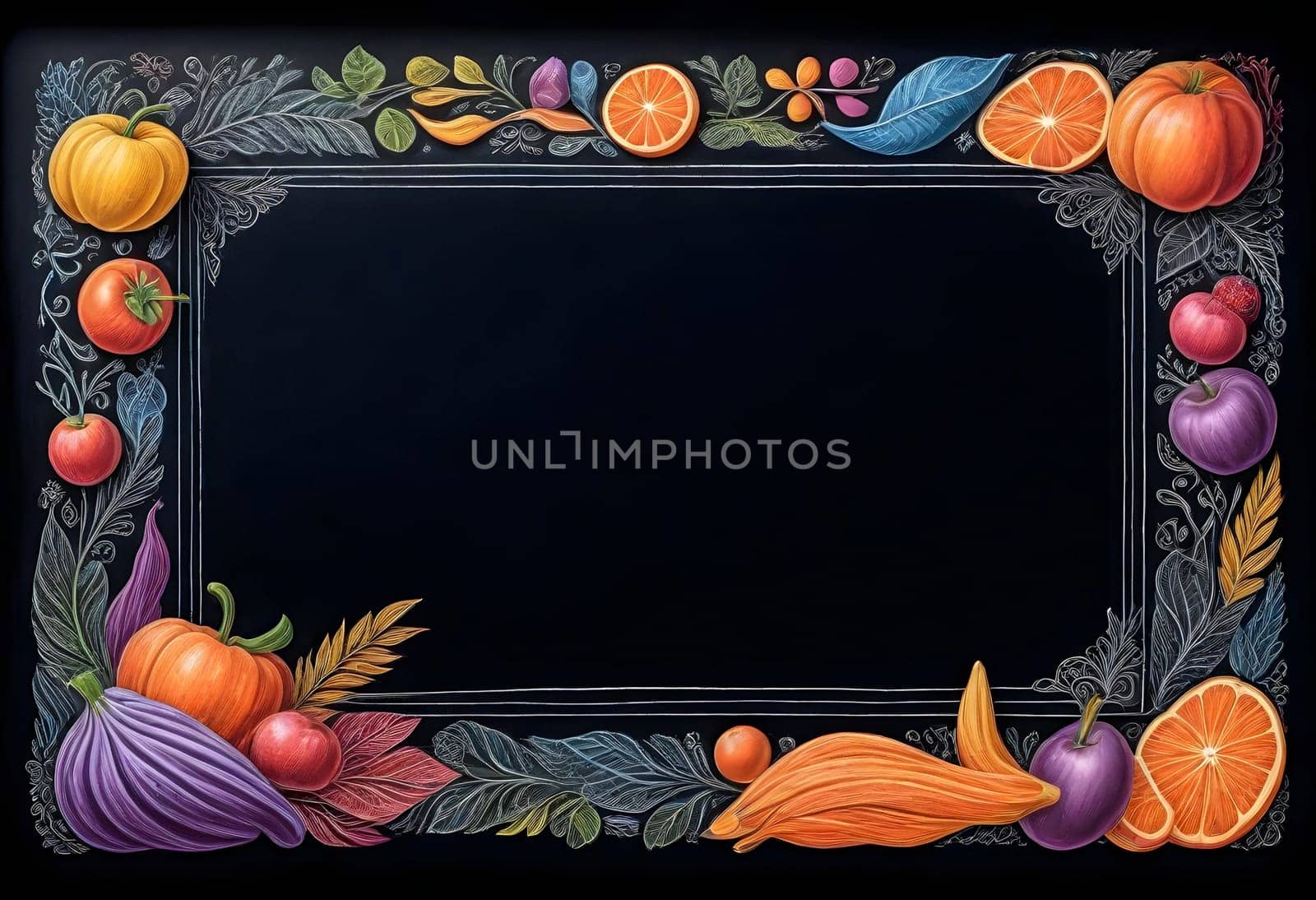 AI generated of a blackboard with a black frame and a bunch of fruits and vegetables