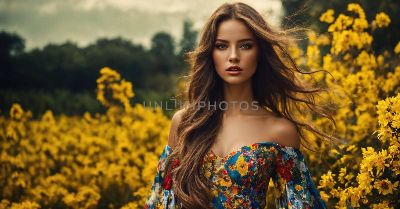 fashion photo of beautiful woman in a long luxurious dress posing. ai generative.