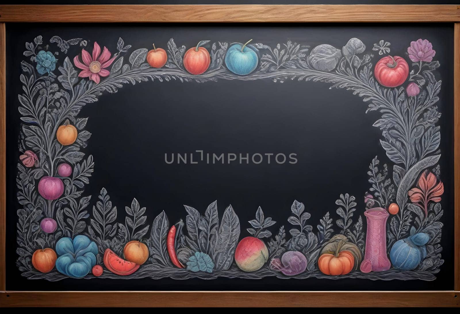 AI generated of a chalkboard with fruit and vegetables in a frame