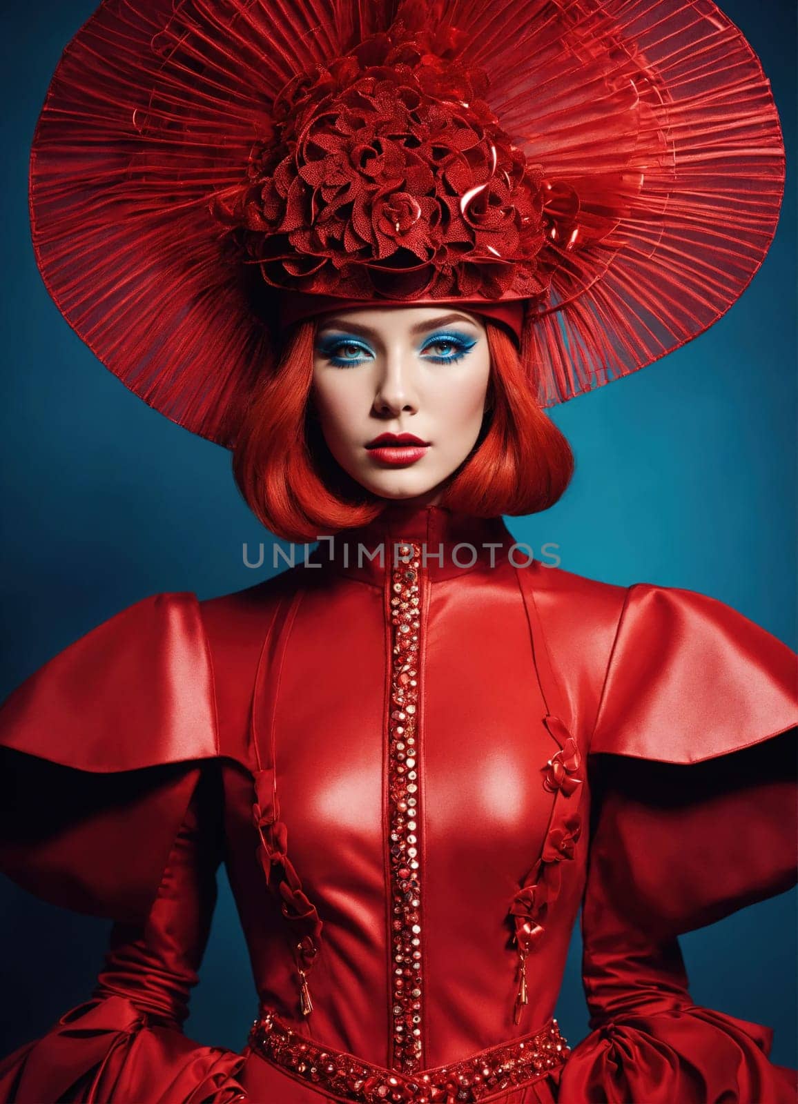 Futuristic woman with red hair in futuristic costume. ai generative.