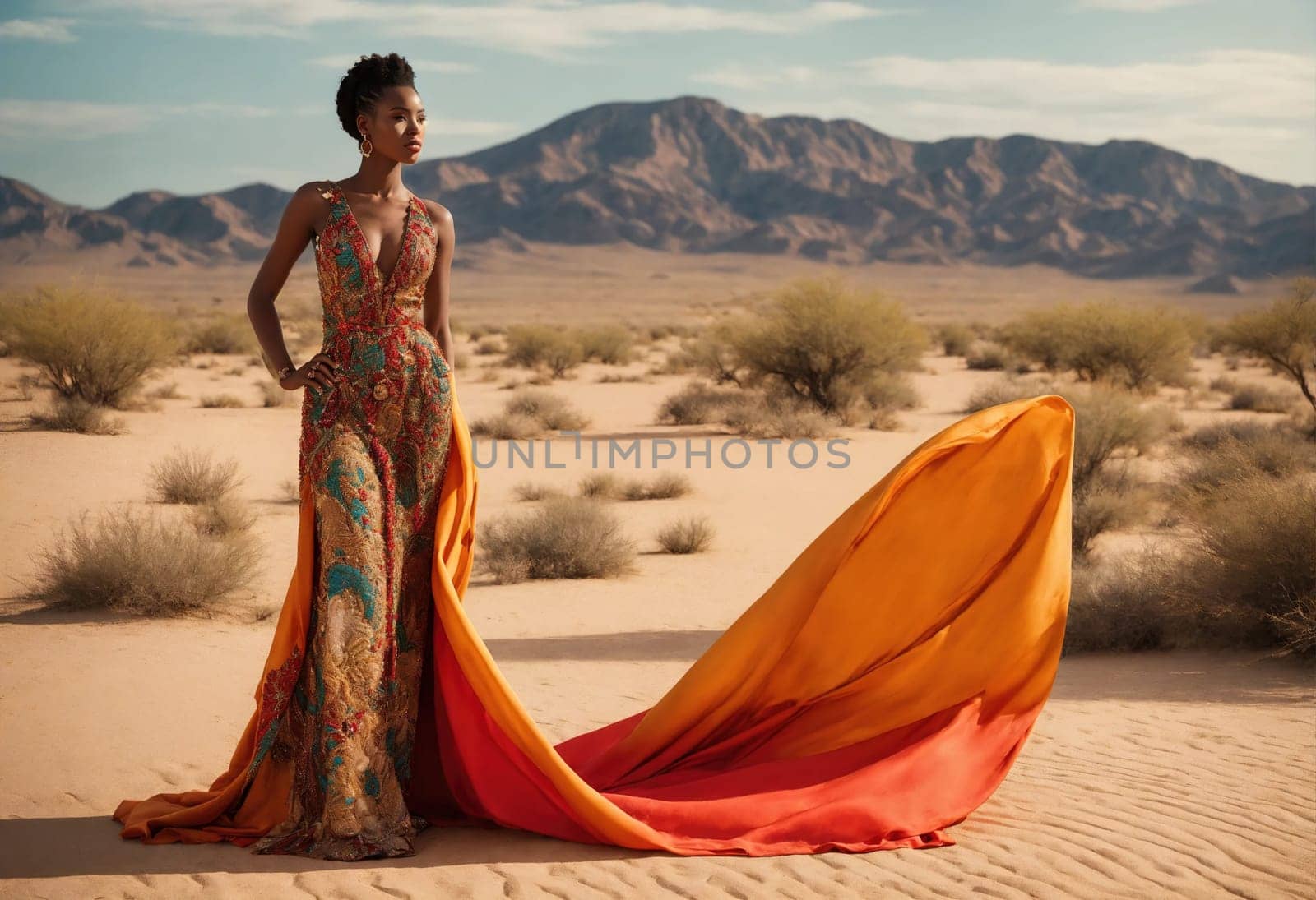 fashion photo of beautiful woman in a long luxurious dress posing. ai generative.