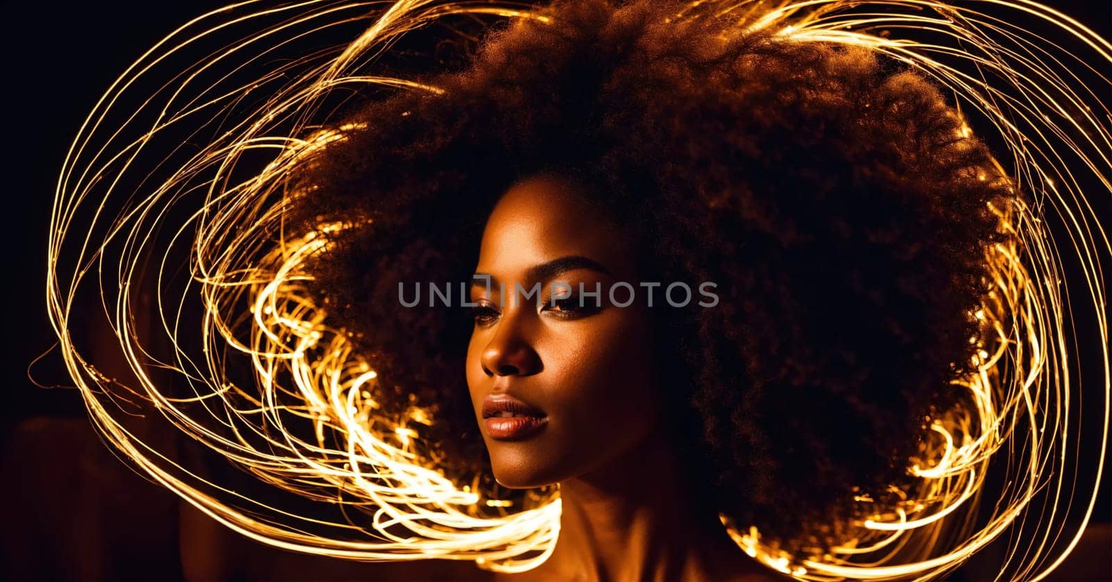 Beautiful african american woman with afro hairstyle and outlined in light. ai generative.