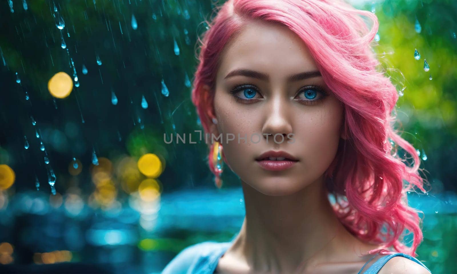 Close-up portrait of a beautiful girl with pink hair and blue eyes. ai generative.