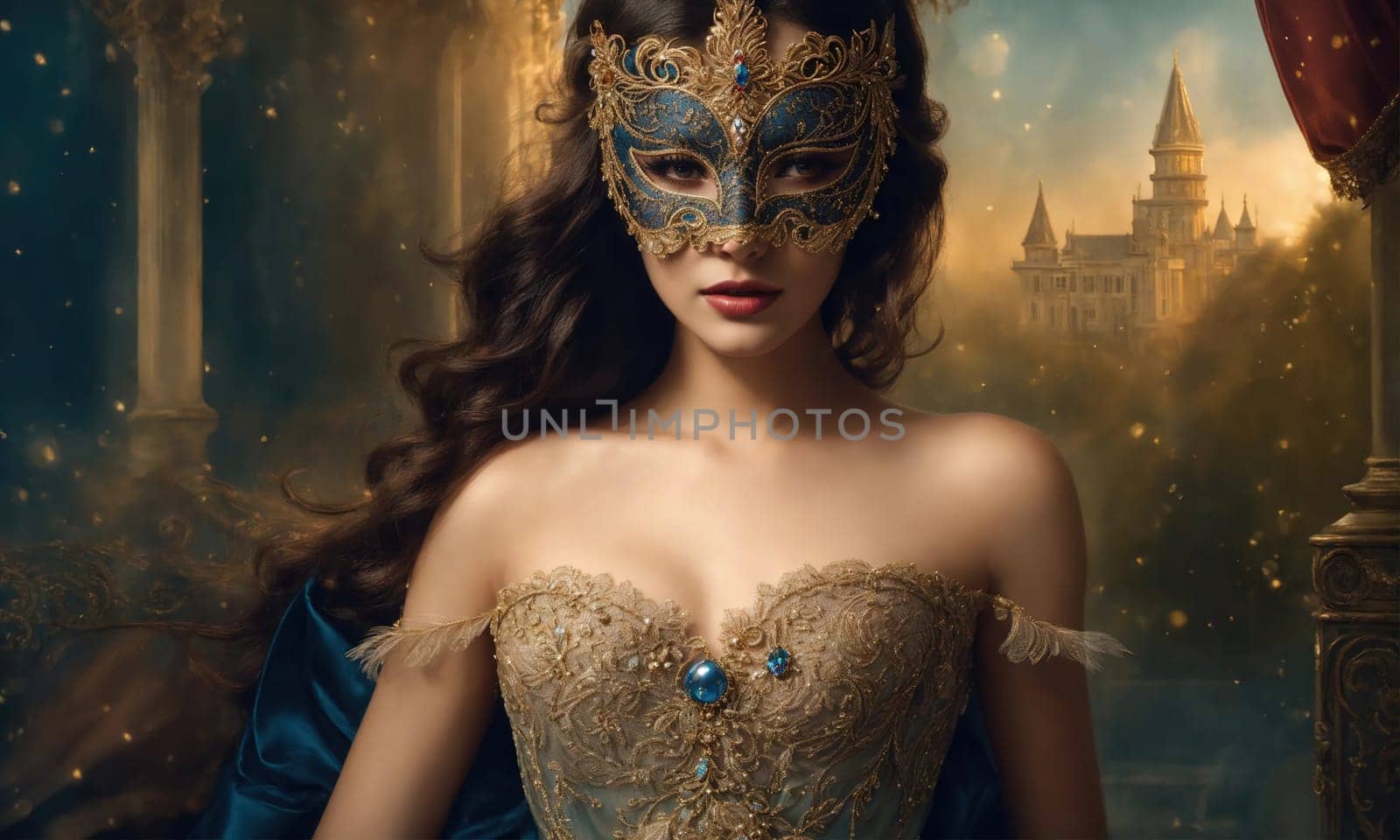 Beautiful young woman in a Venetian mask at the masquerade. ai generative.
