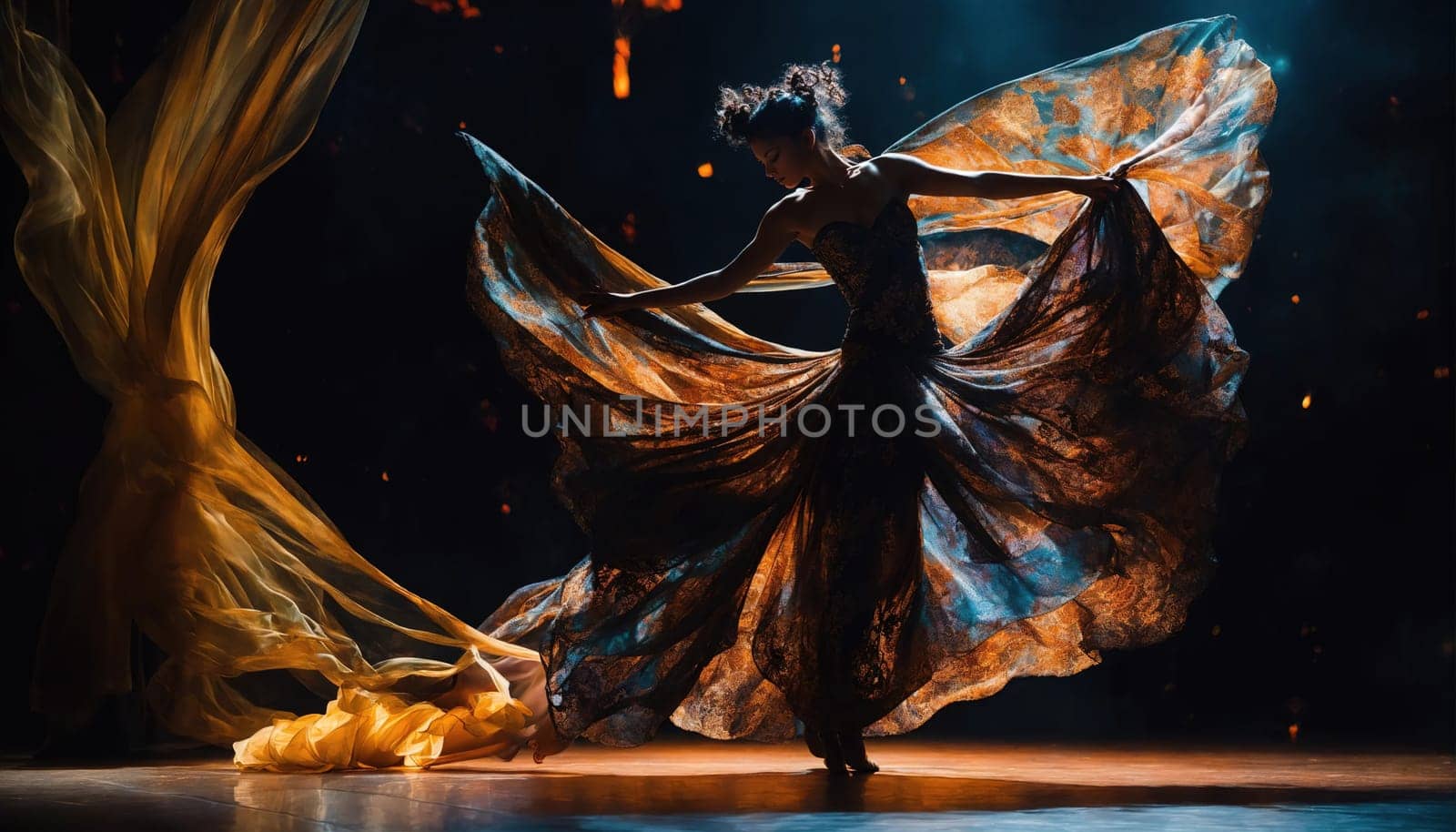 Beautiful young woman in a wreath of flowers dancing flamenco. ai generative.