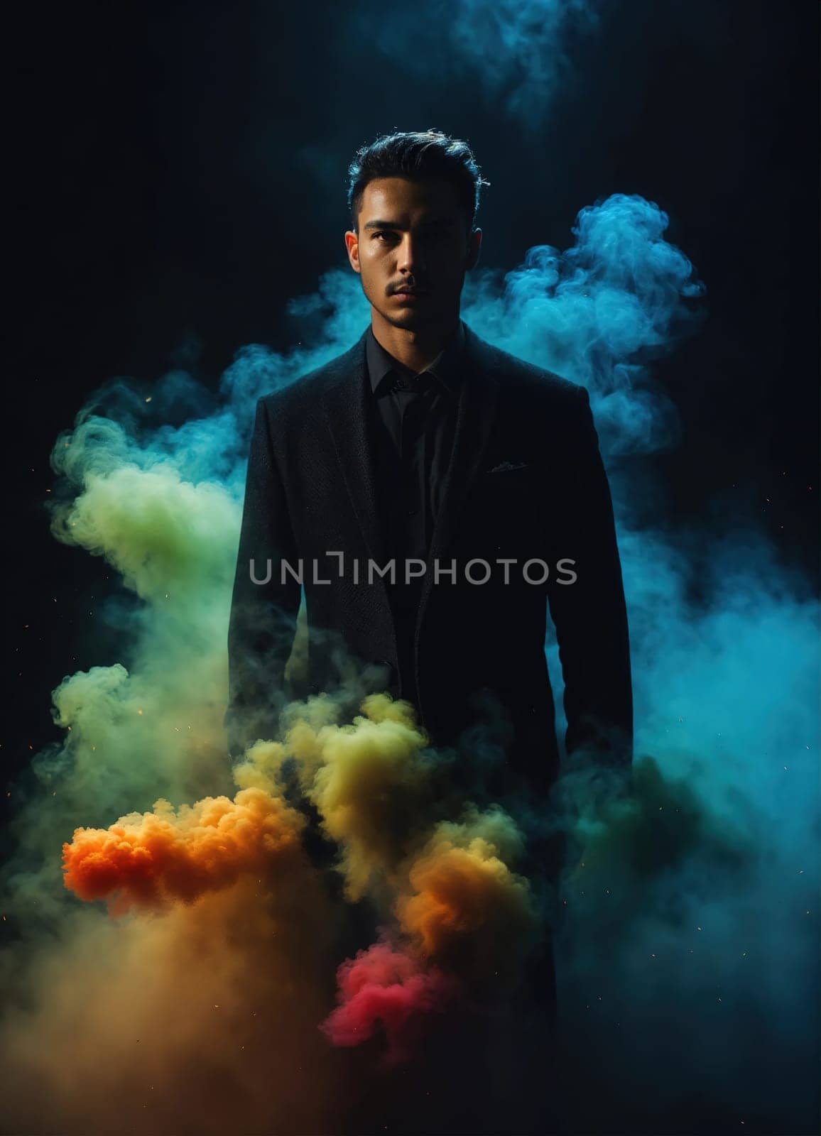 Beautiful young man with colorfull hair in colorful smoke. ai generative.